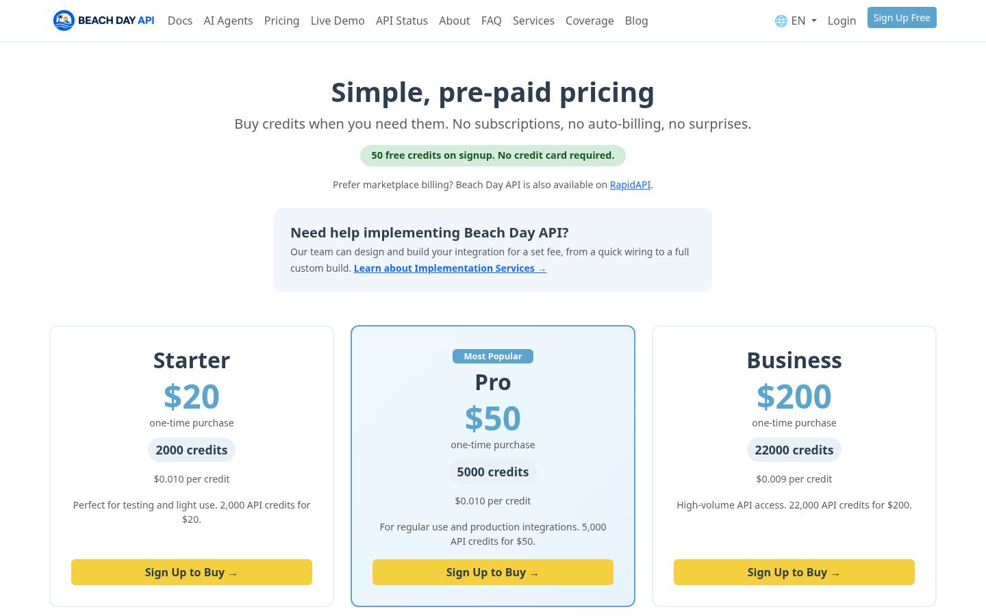 Beach Day API Pricing