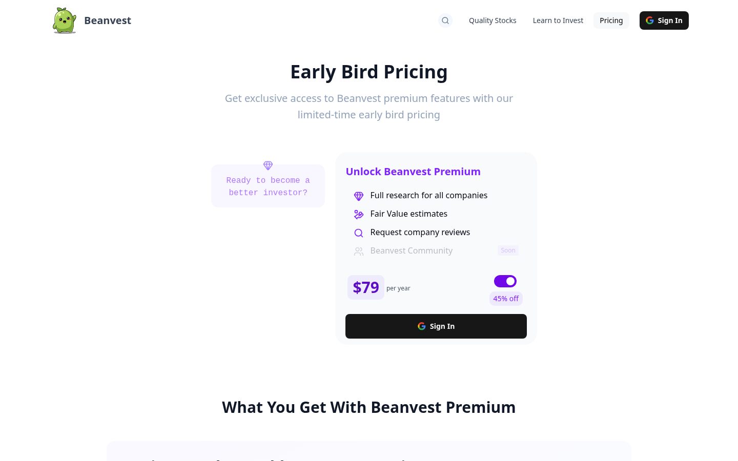 Beanvest Quality Investing Pricing