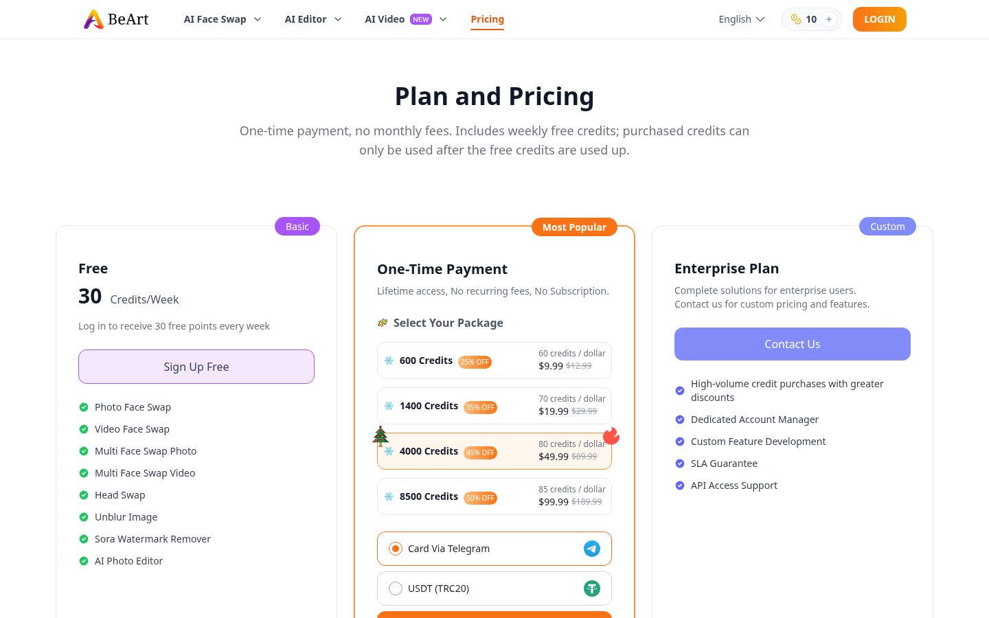 BeArt AI Face Swap Pricing