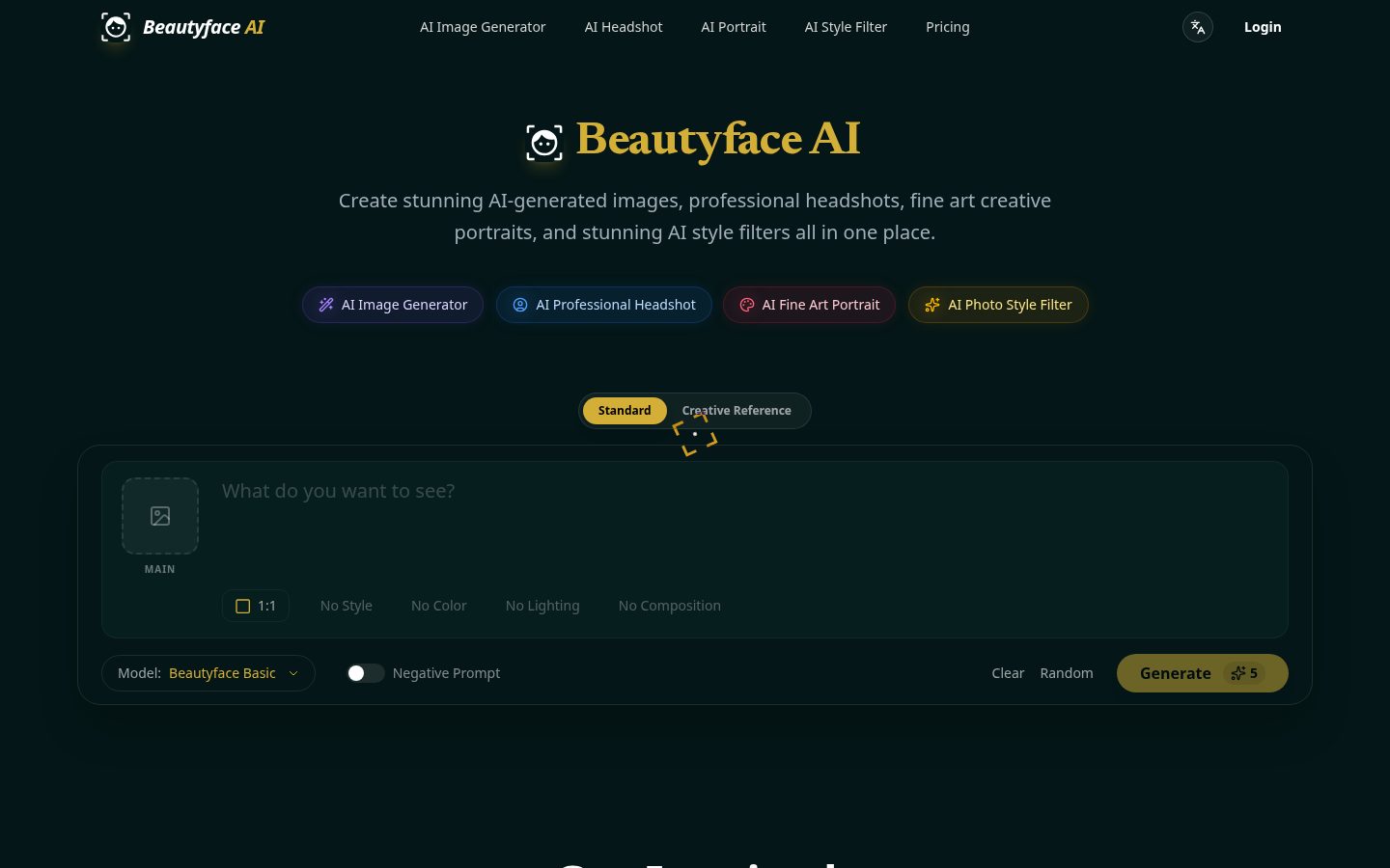 Beautyface AI Image Generator Homepage
