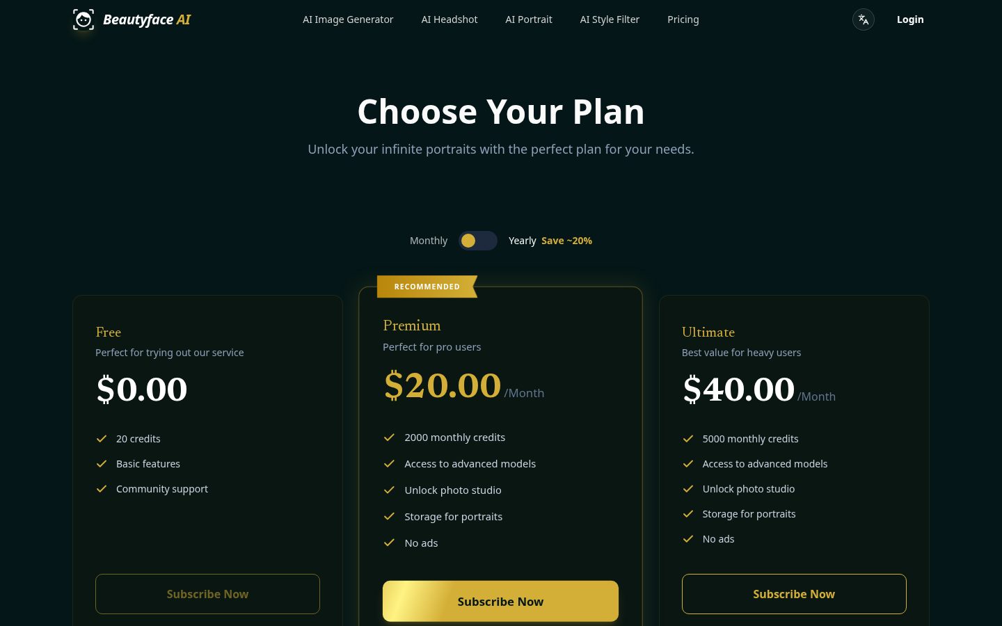 Beautyface AI Image Generator Pricing