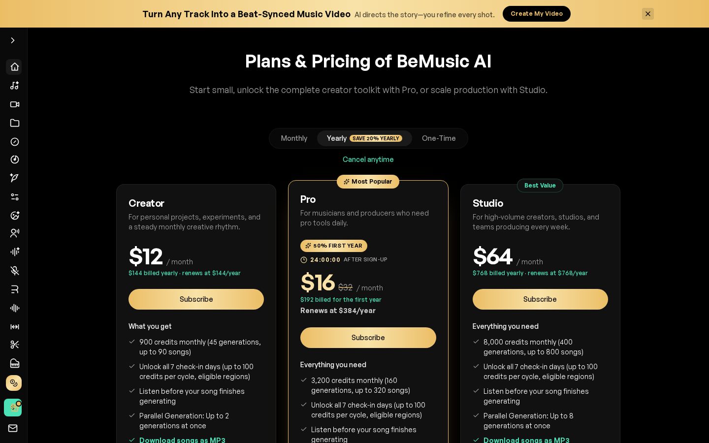 BeMusic AI - AI Music Generator Pricing