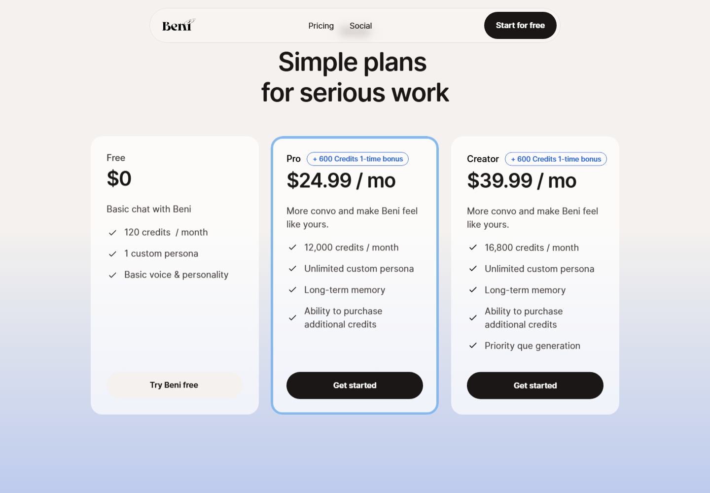 Beni AI pricing