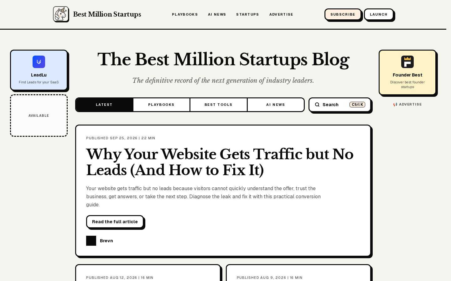 Best Million Startups Homepage