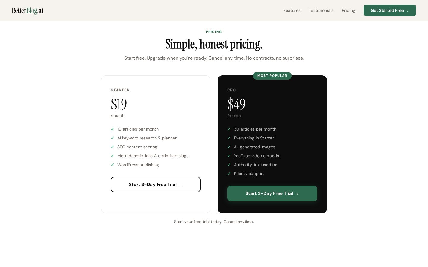 BetterBlog.ai Pricing