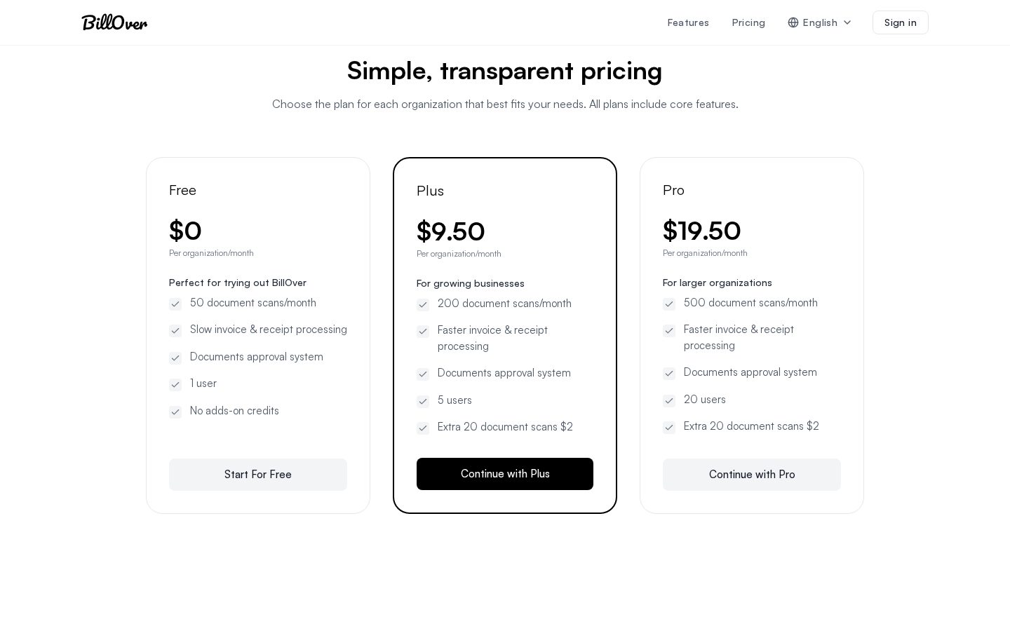 BillOver Pricing