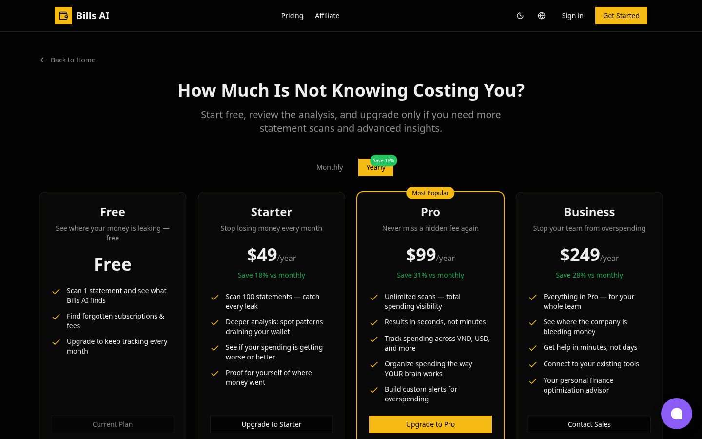 Bills AI Pricing