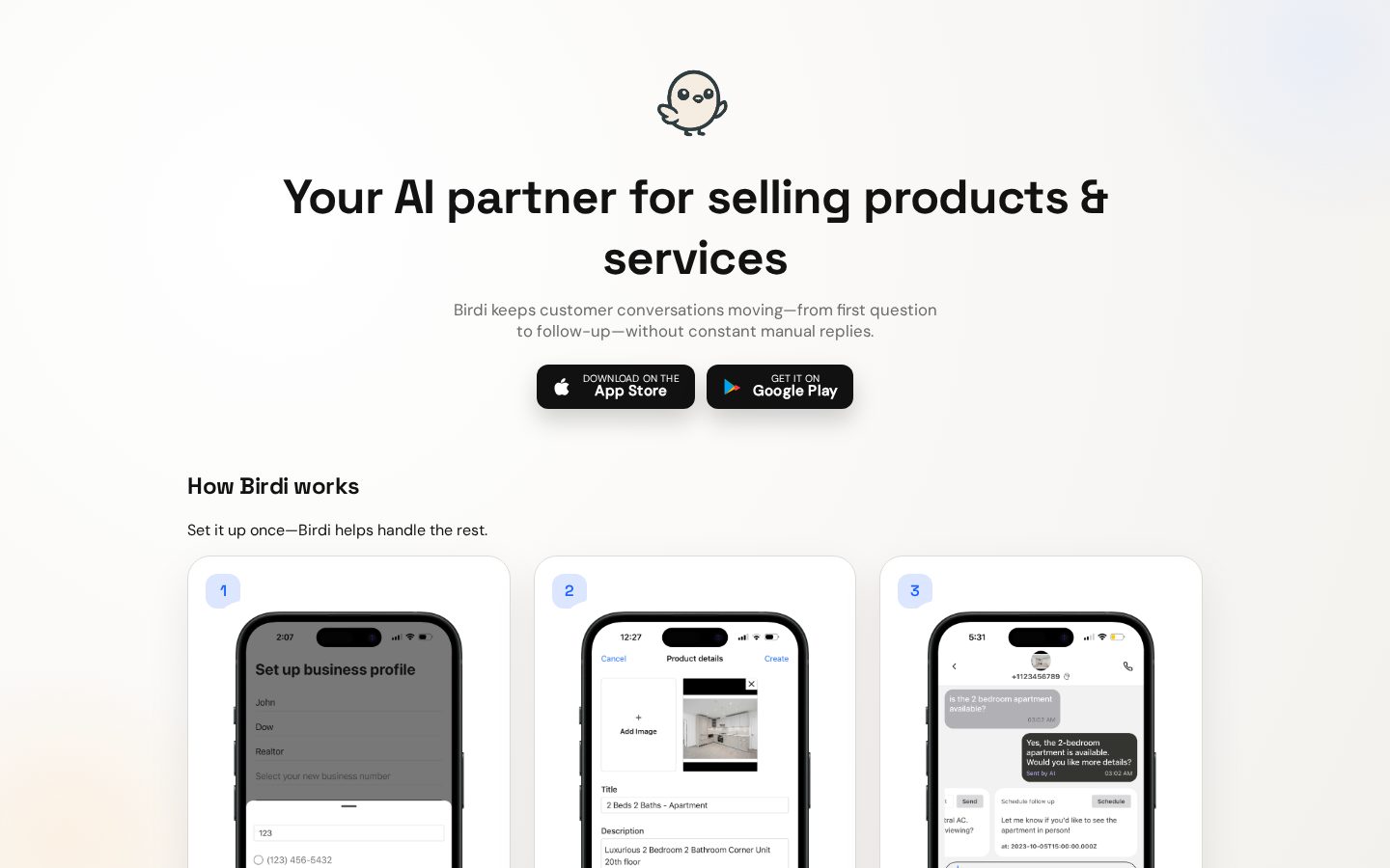 Birdi AI Texting Assistant Homepage
