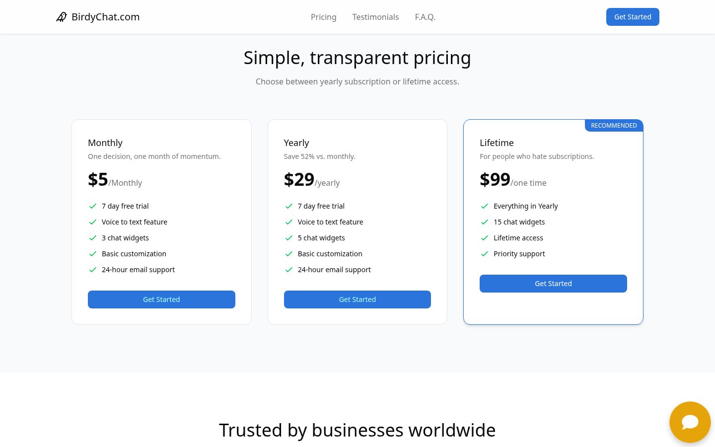 BirdyChat.com Pricing