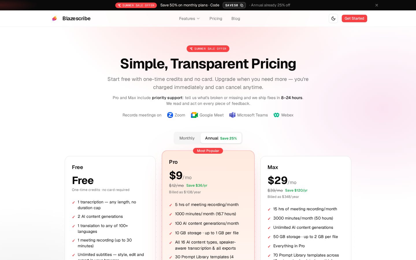 Blazescribe Pricing