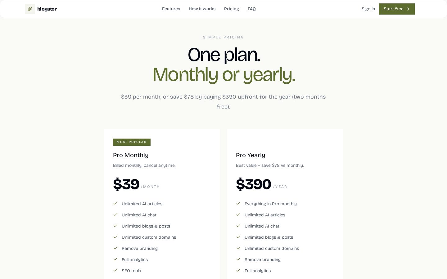 Blogator Pricing