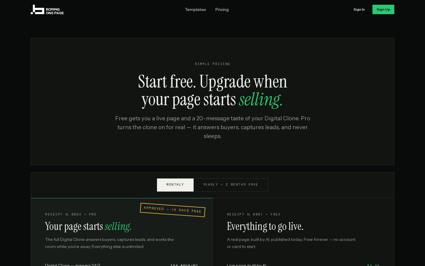 BoringOnePage Pricing