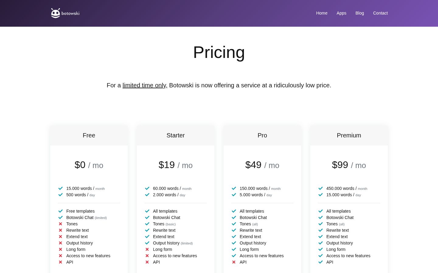 Botowski Pricing