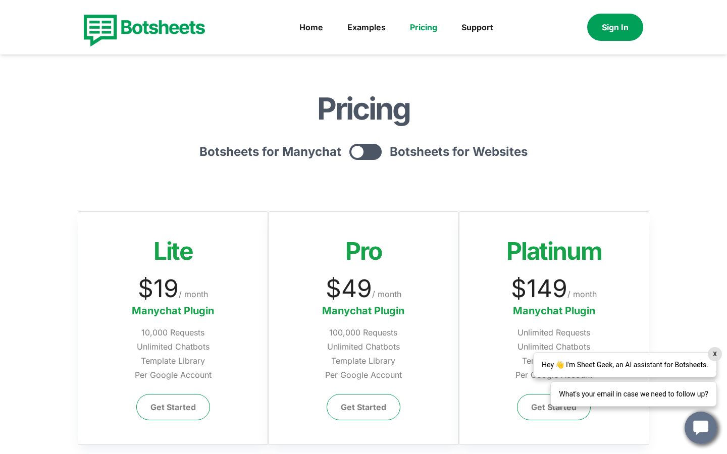 Botsheets Pricing