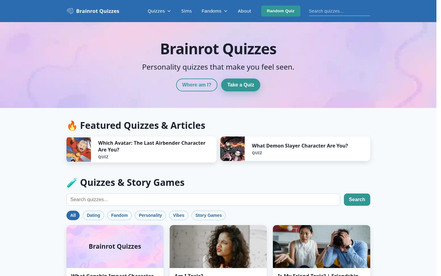 Brainrot Quizzes Homepage