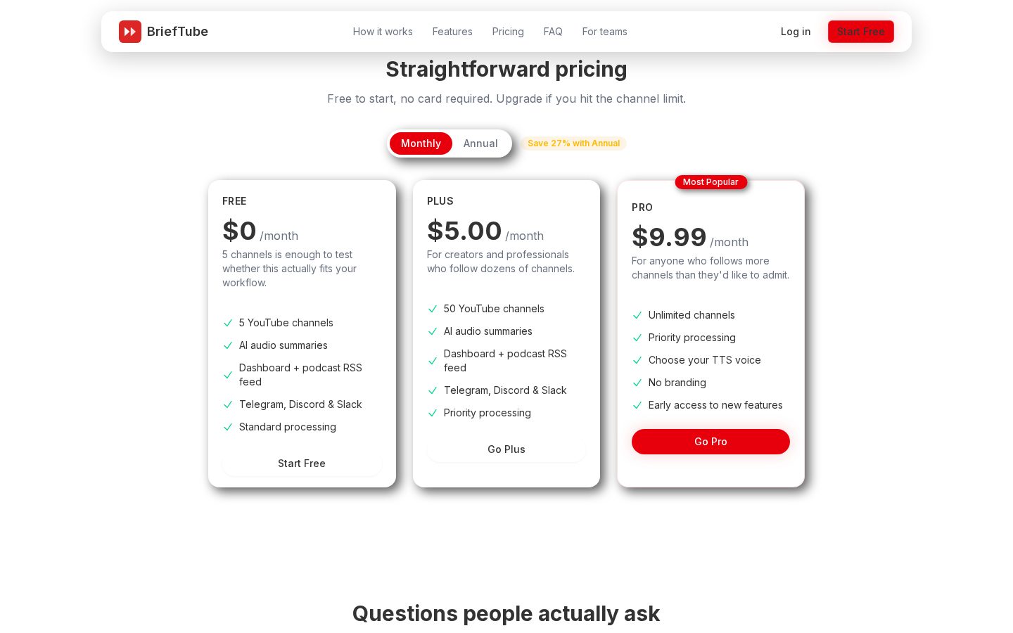 BriefTube Pricing