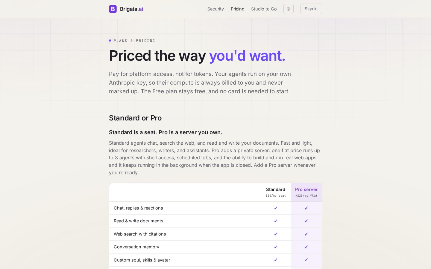 Brigata Studio Pricing