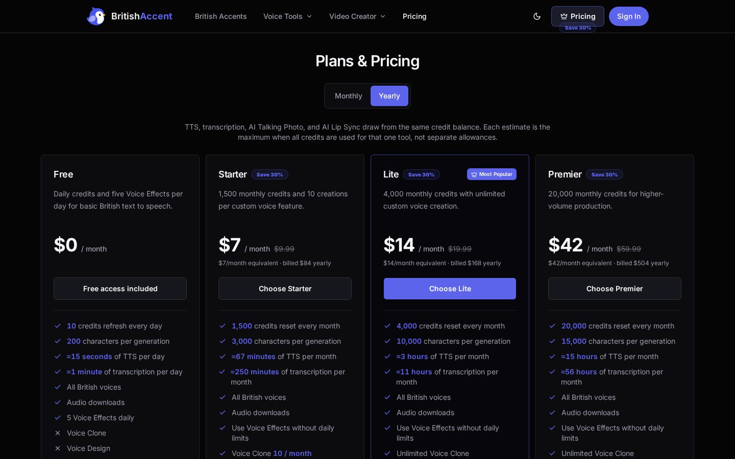 British Accent Pricing