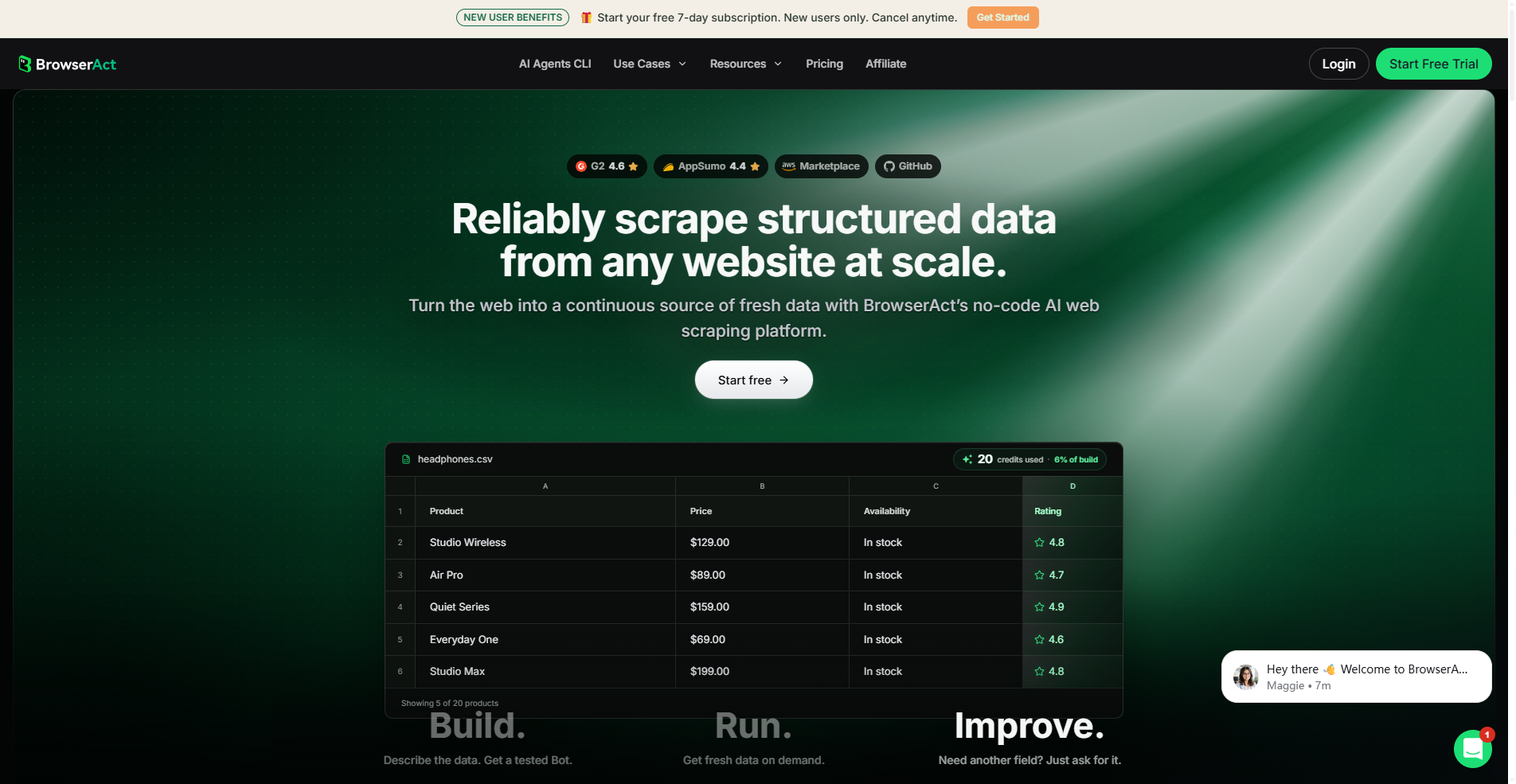 BrowserAct website overview: no-code AI web scraping with reusable Bots.