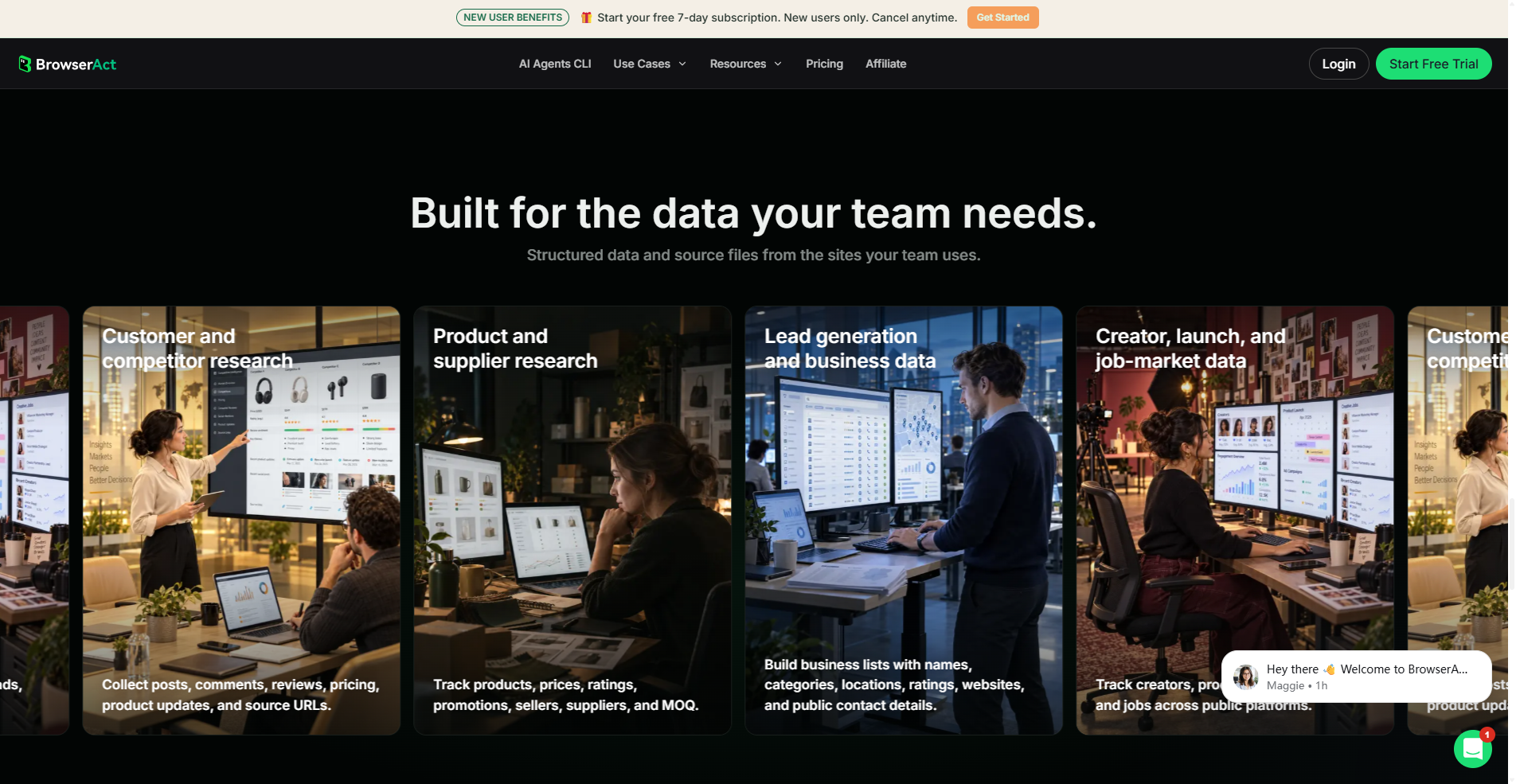 Official BrowserAct website: use cases for research, product data, and lead generation.