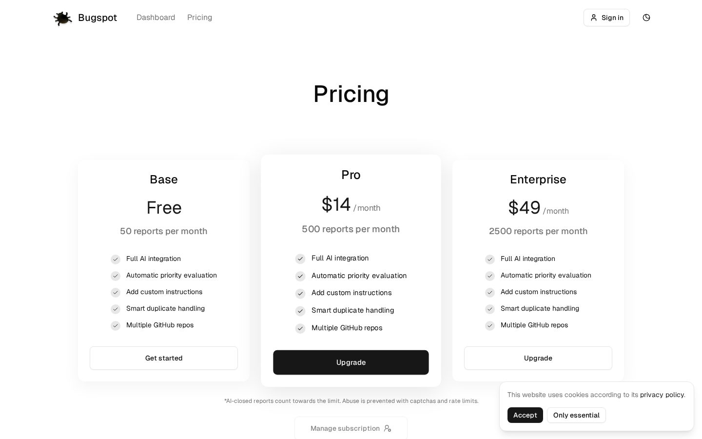 Bugspot Pricing