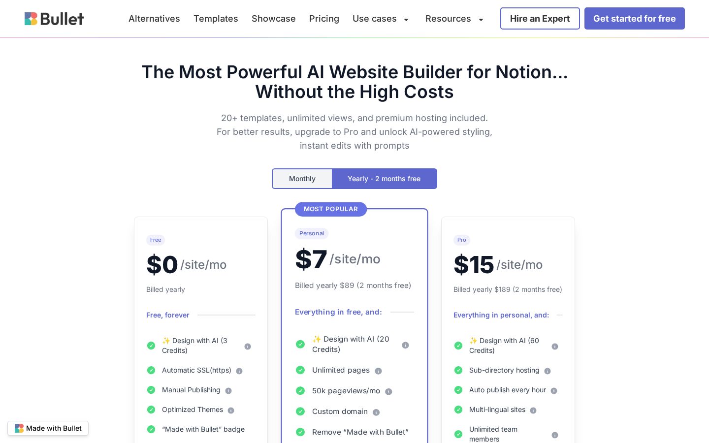 Bullet.so-AI website builder for Notion Pricing