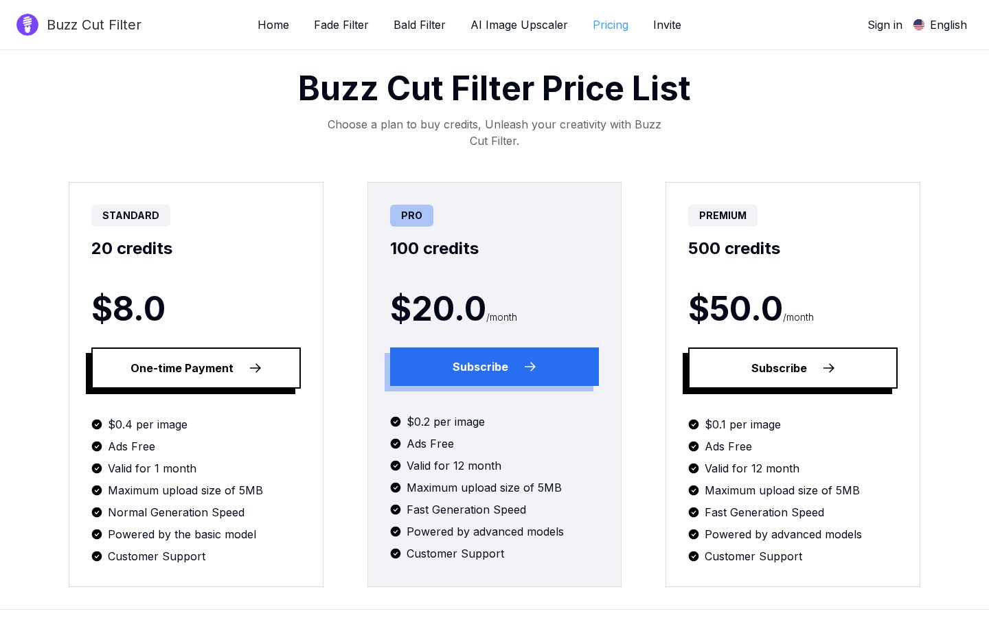 Buzz Cut Filter Pricing