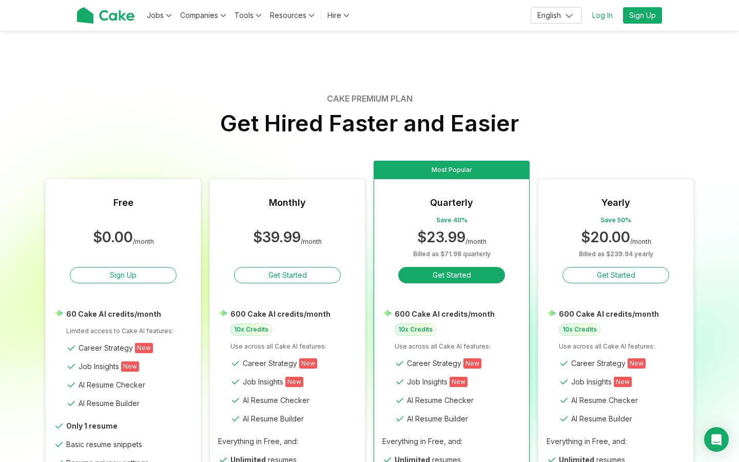 Cake AI Resume Checker Pricing