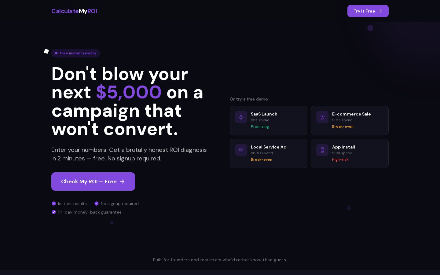 CalculateMyROI Homepage