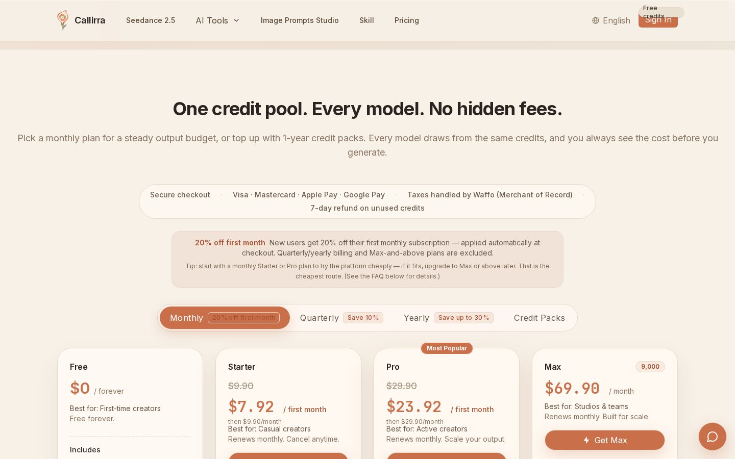 Callirra Pricing