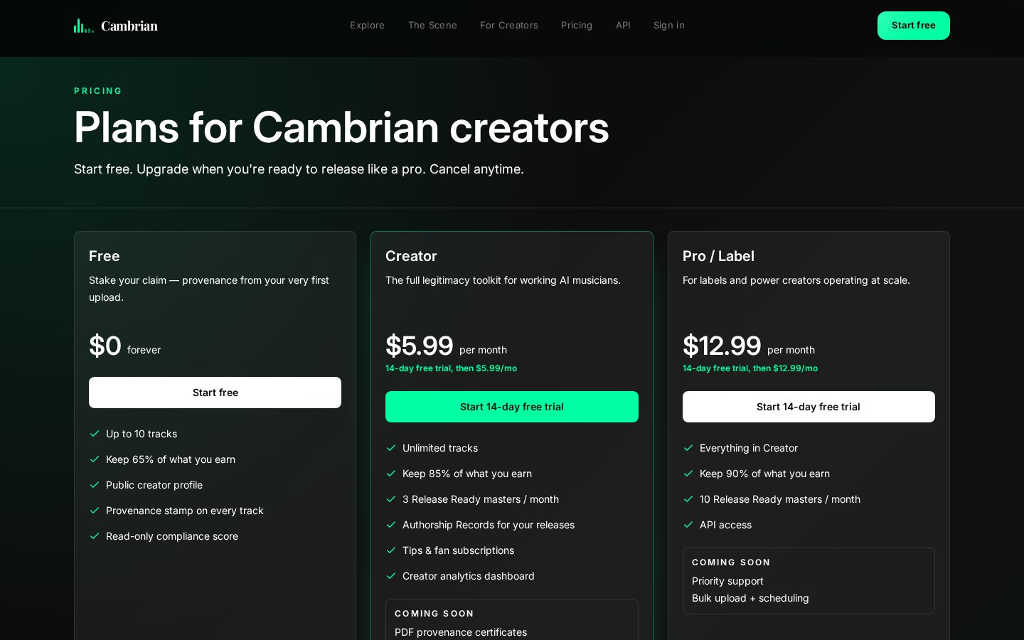 Cambrian Pricing