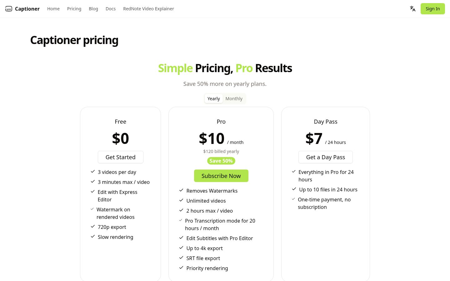 Captioner Pricing