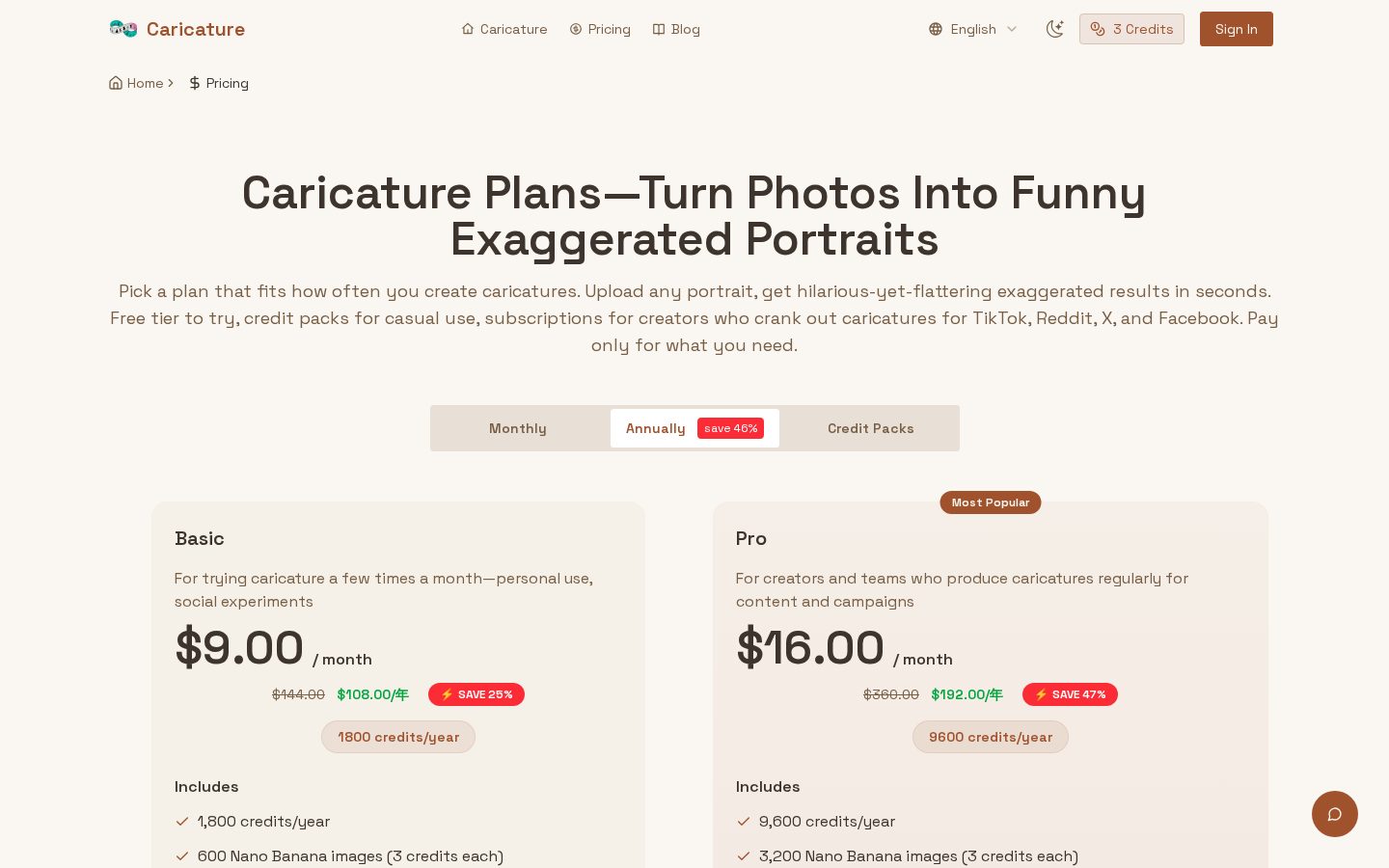 Caricature AI Studio Pricing