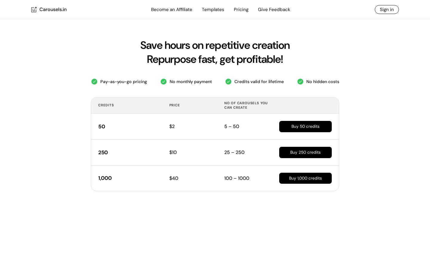 Carousels.in Pricing