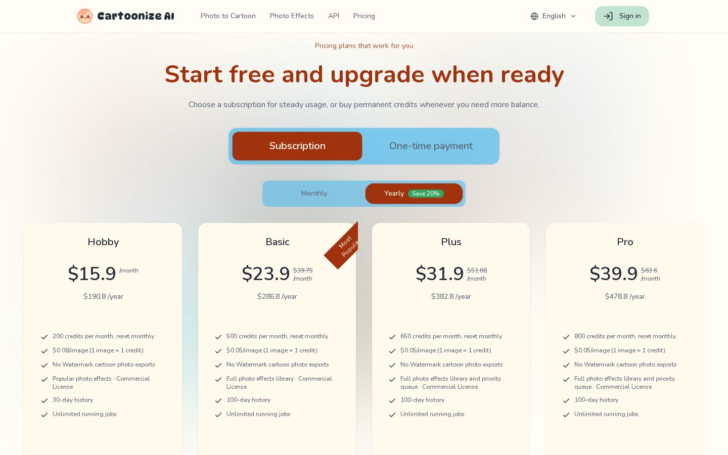 Cartoonize AI Pricing