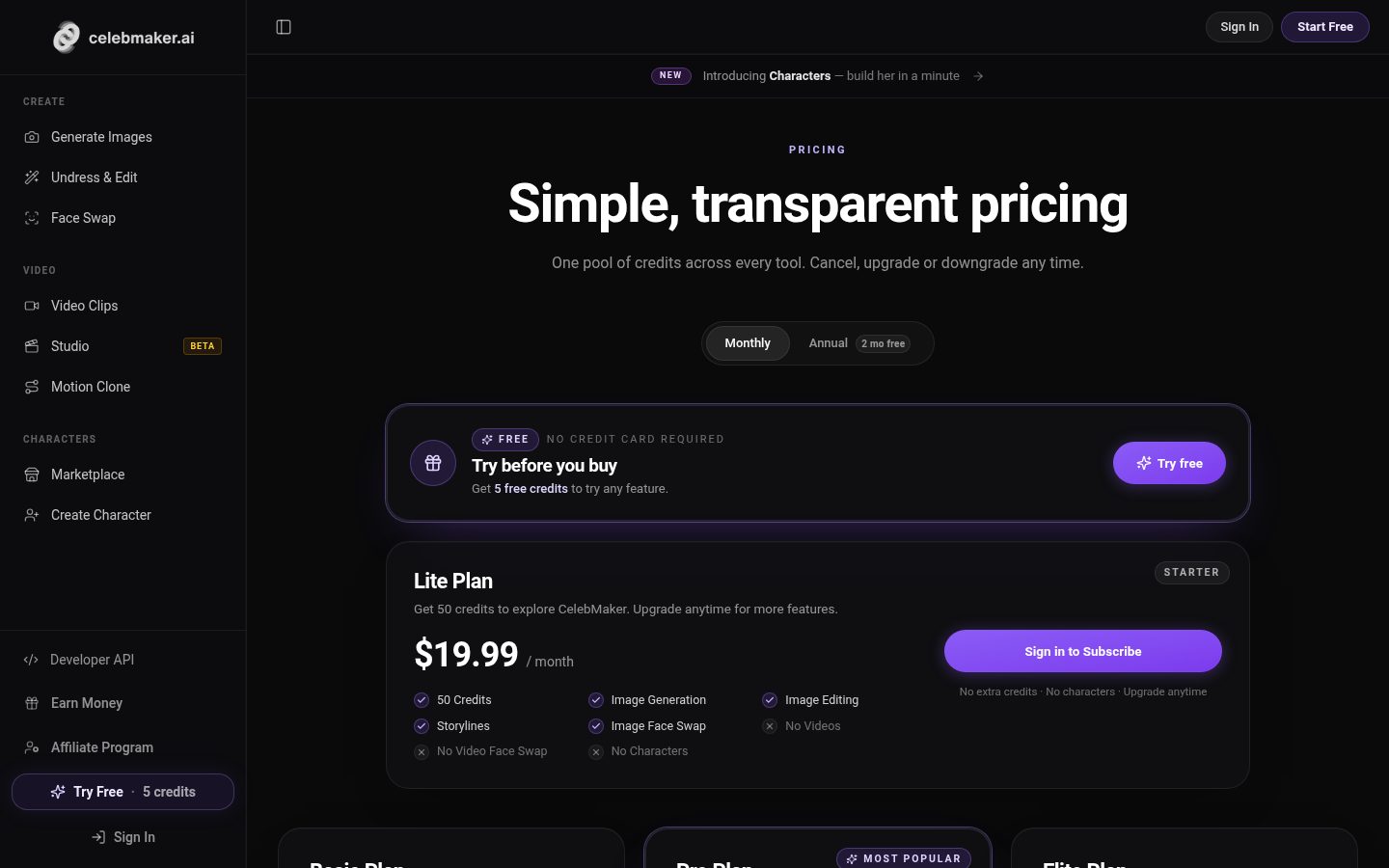 CelebMakerAI Pricing
