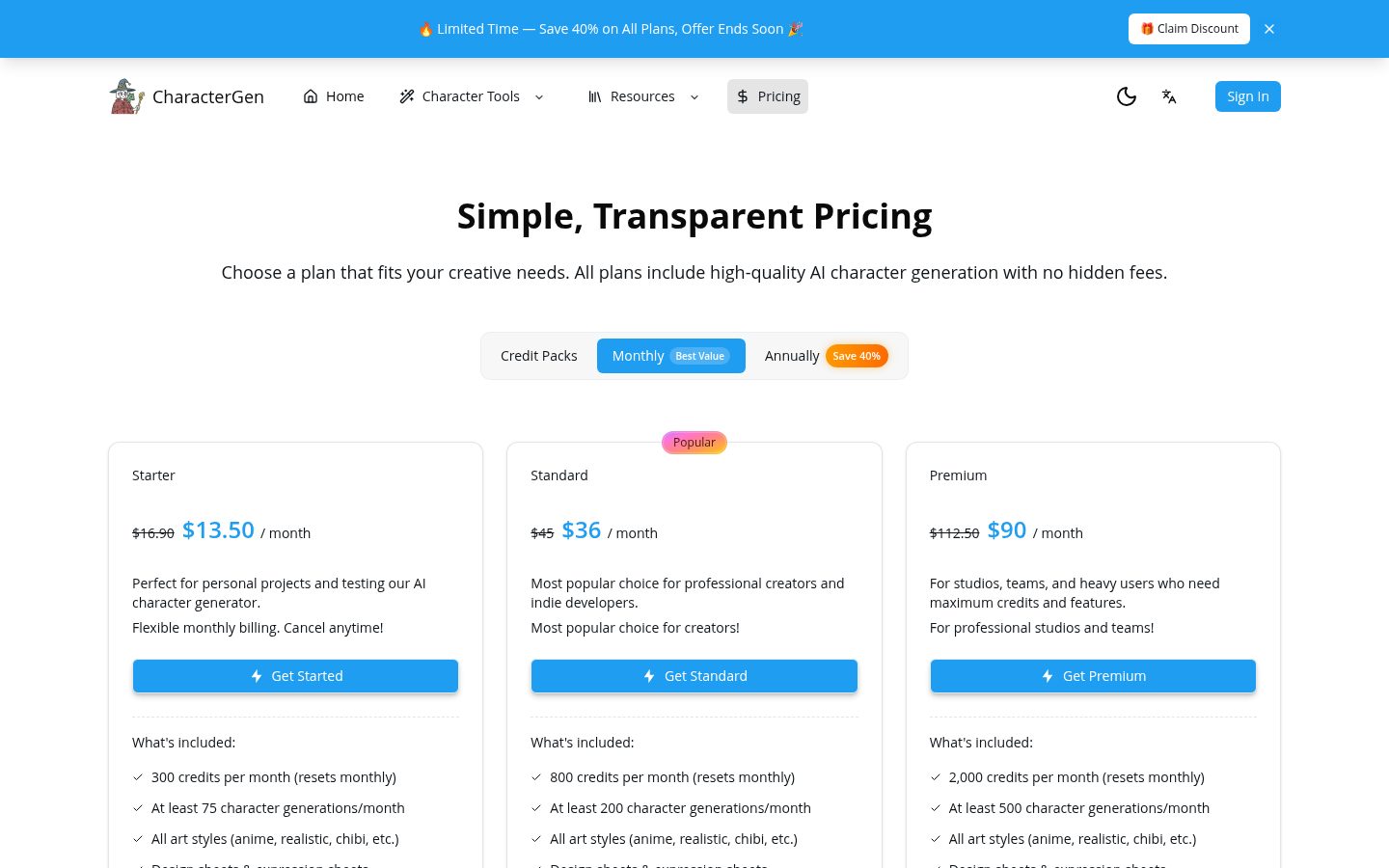 Character Generator Pricing