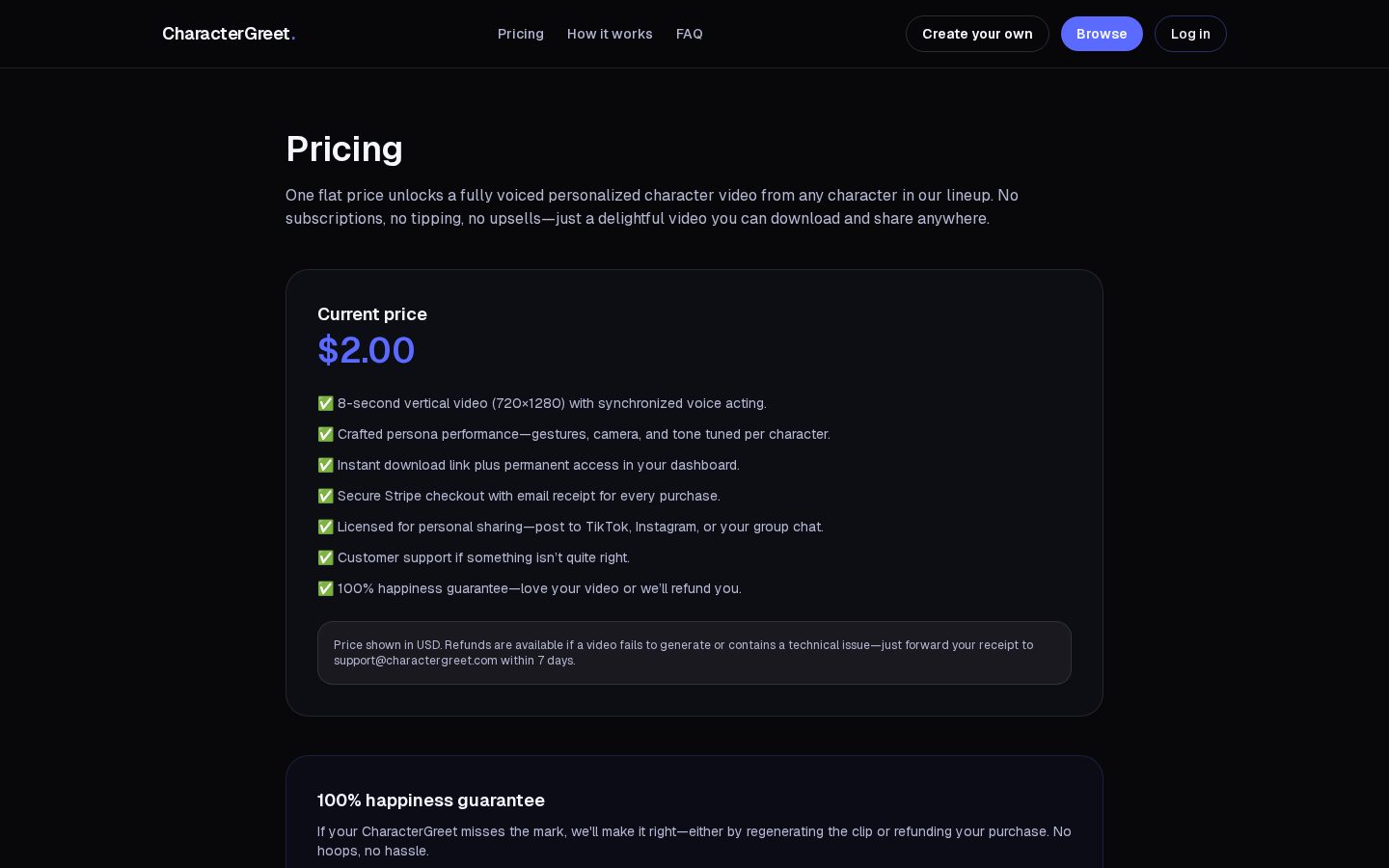 CharacterGreet Pricing