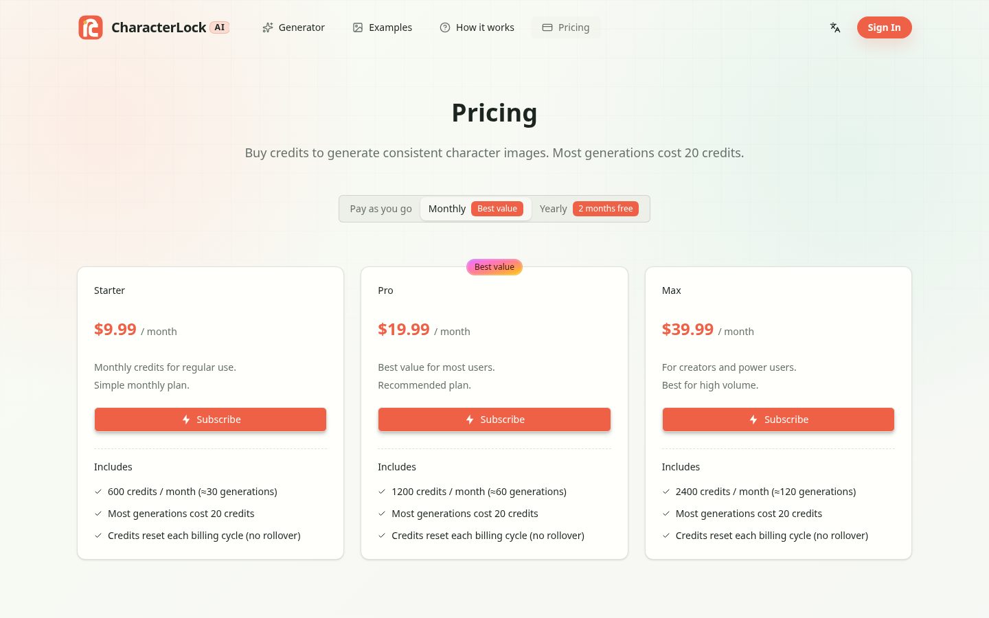 CharacterLock AI Pricing