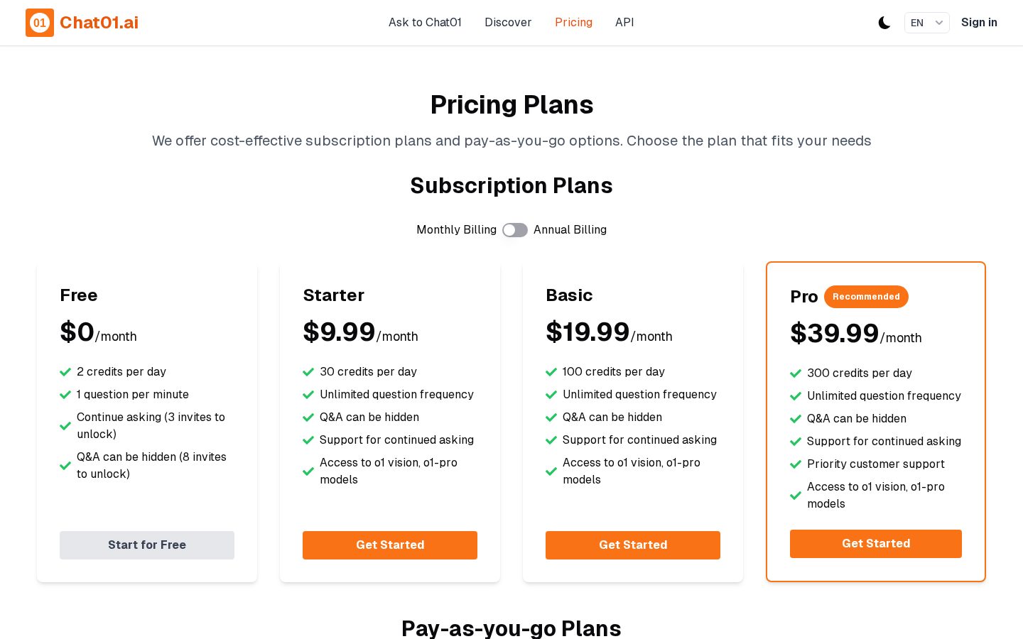 Chat01.ai Pricing