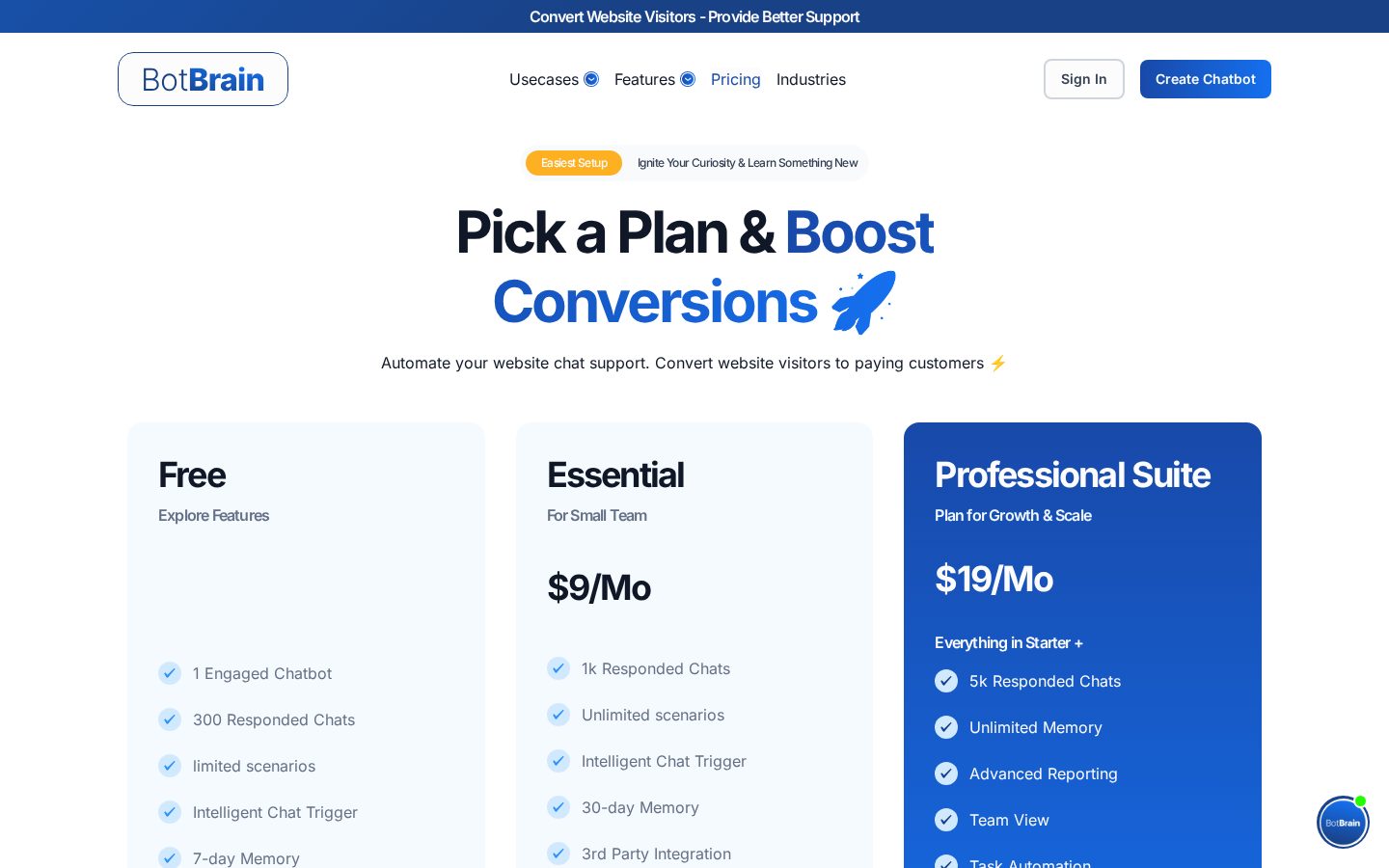 chatbot for websites Pricing