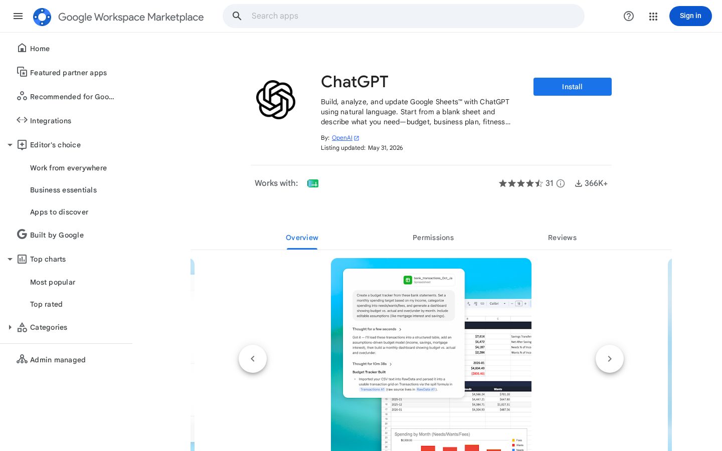 ChatGPT for Google Sheets Homepage