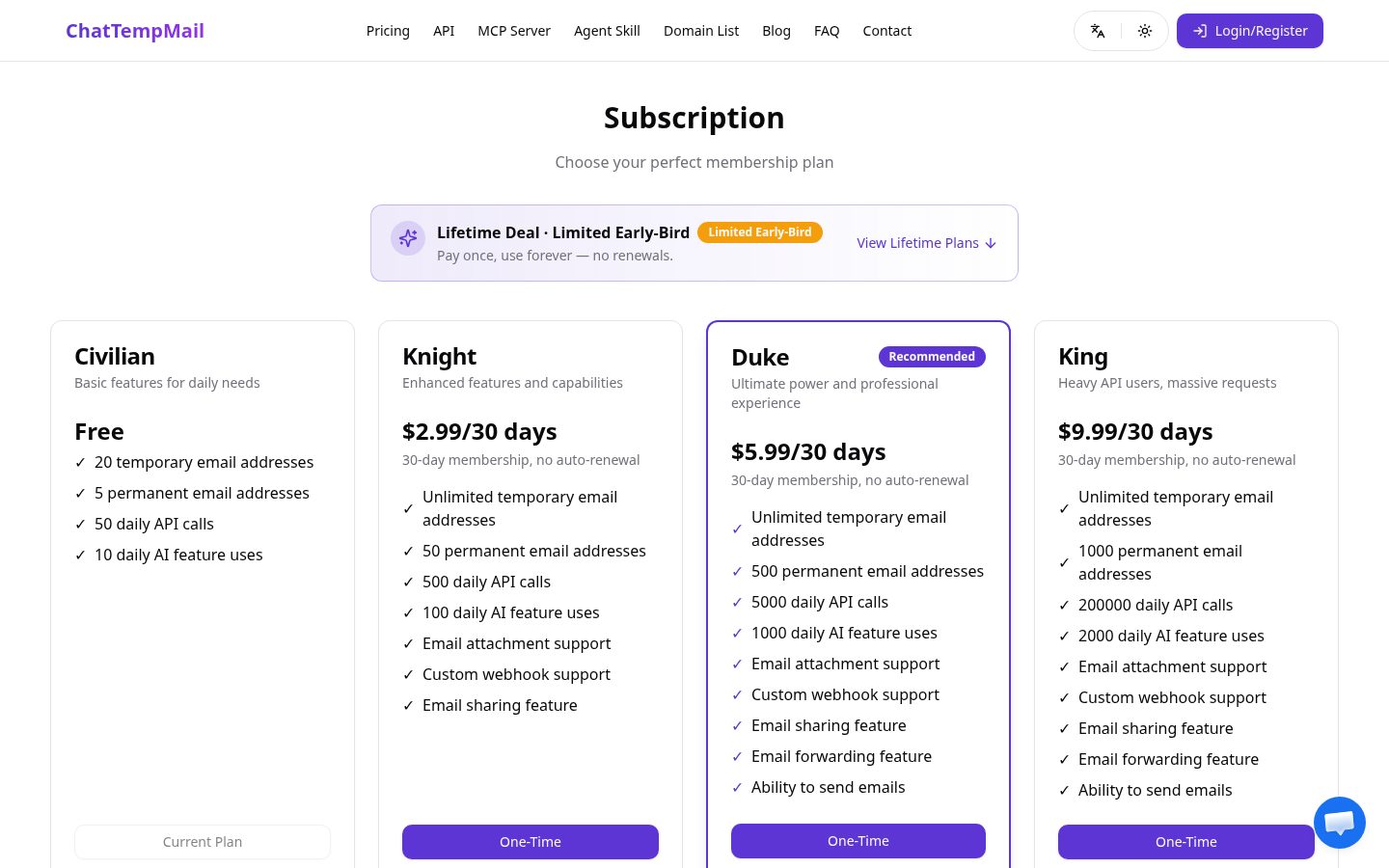 ChatTempMail Pricing