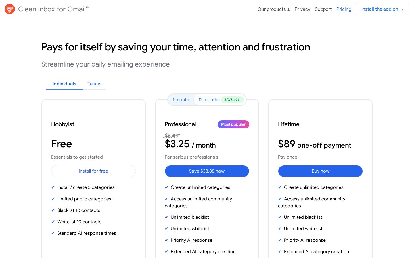 Clean Inbox for Gmail Pricing