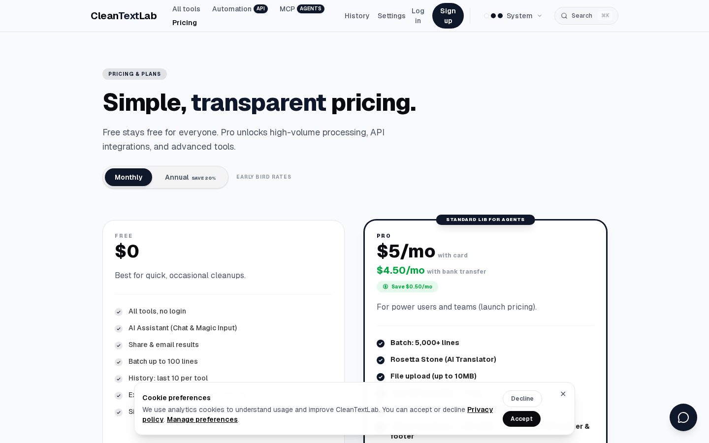 CleanTextLab Pricing