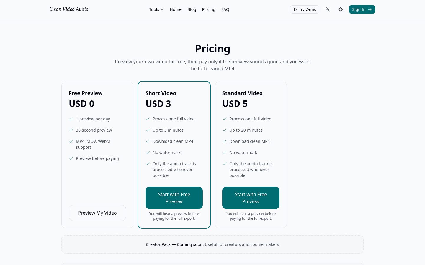 CleanVideoAudio.com Pricing