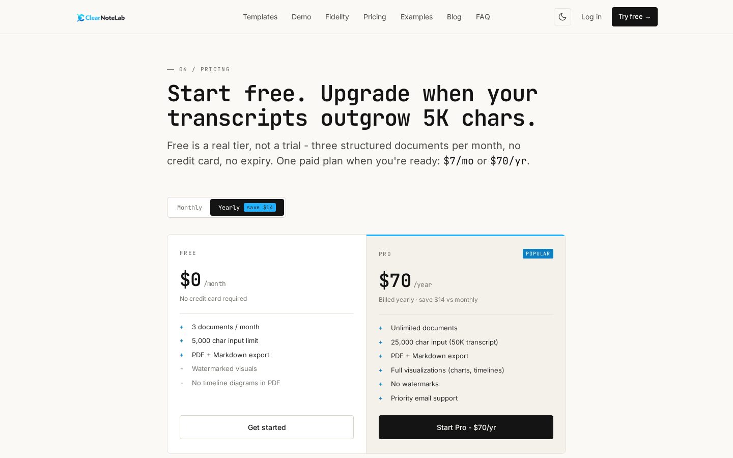 ClearNoteLab Pricing