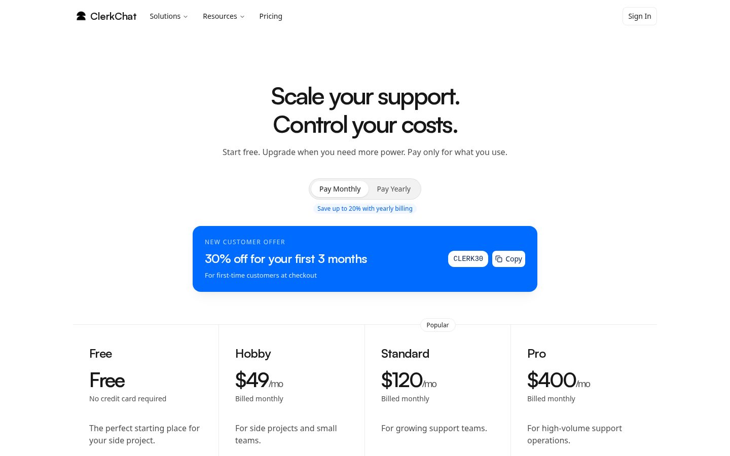 Clerk Chat Pricing