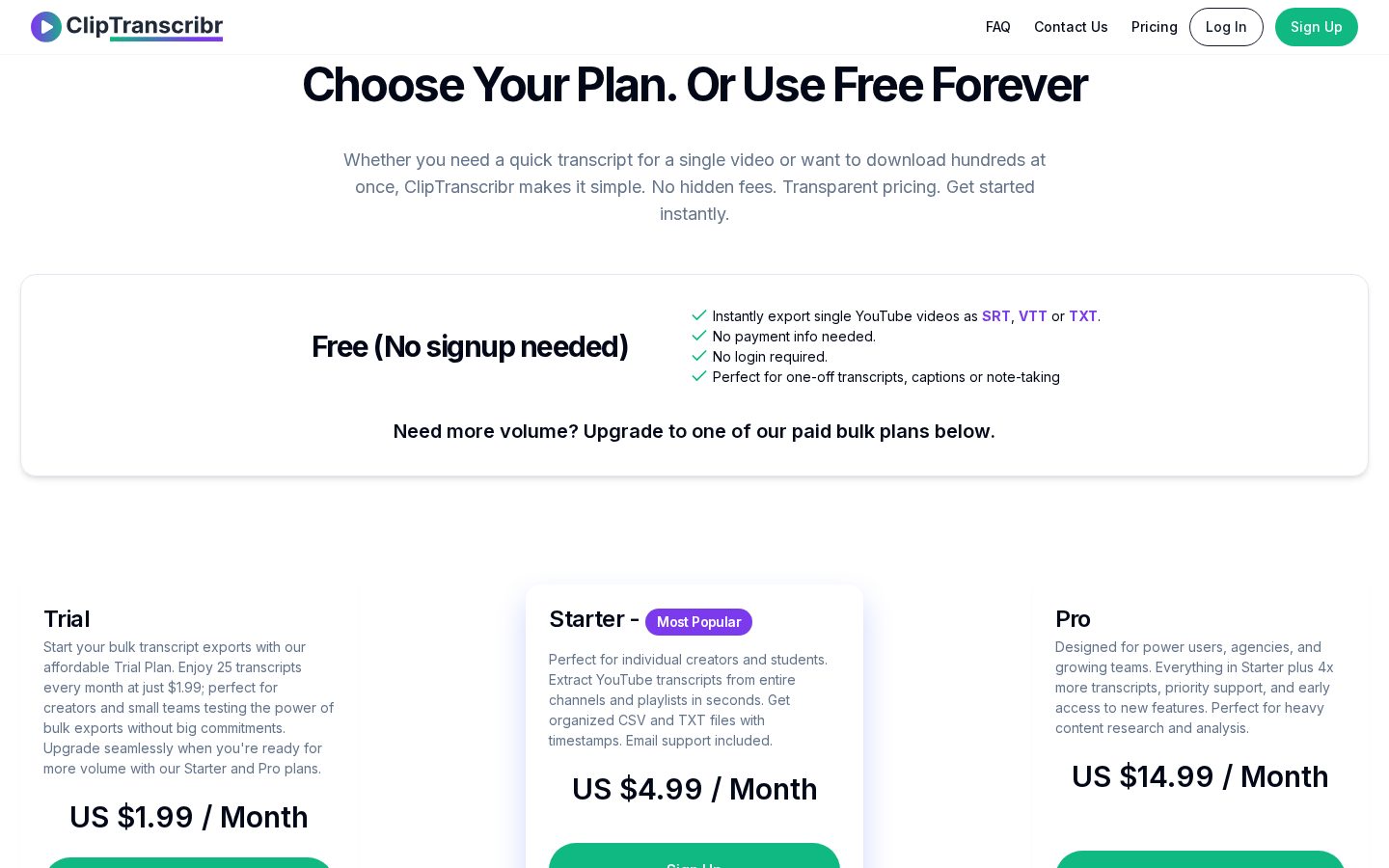 ClipTranscribr Pricing