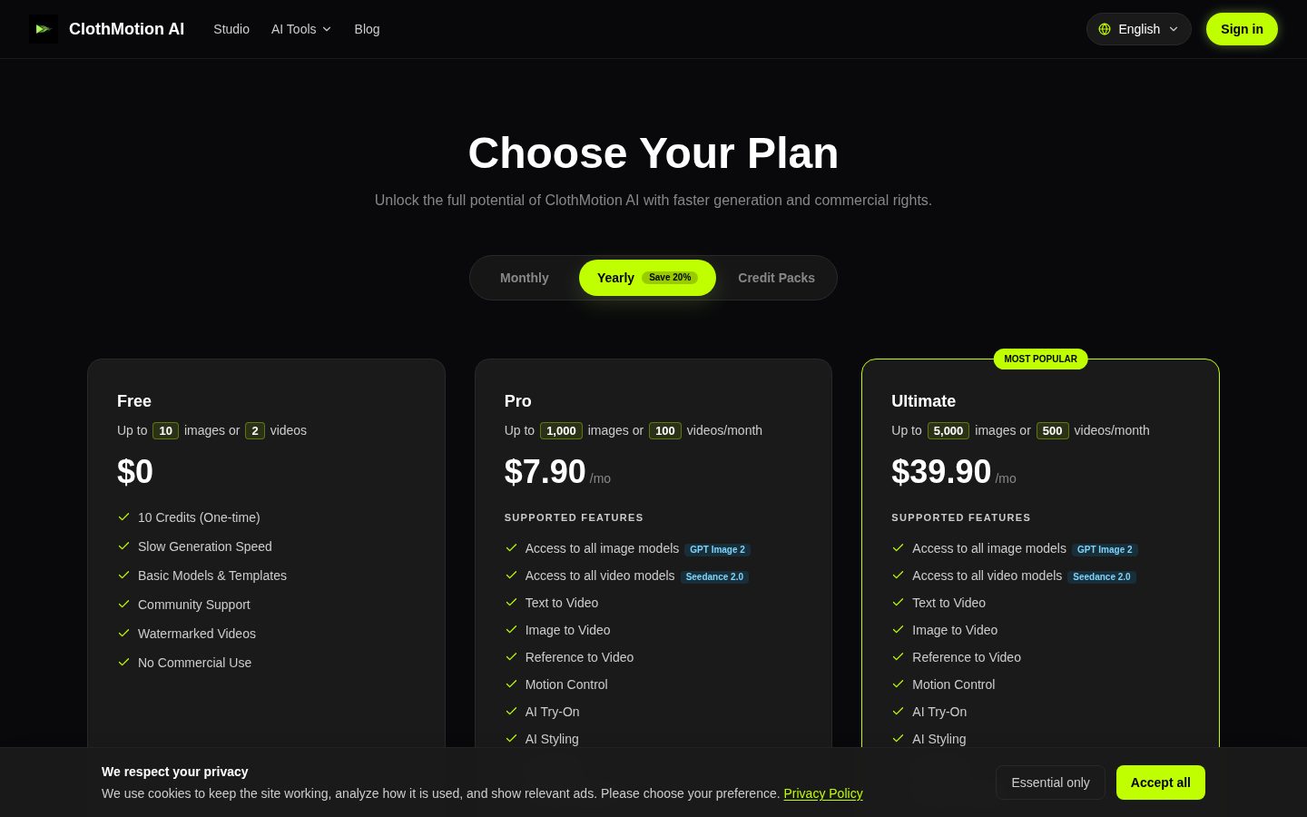 ClothMotion Pricing